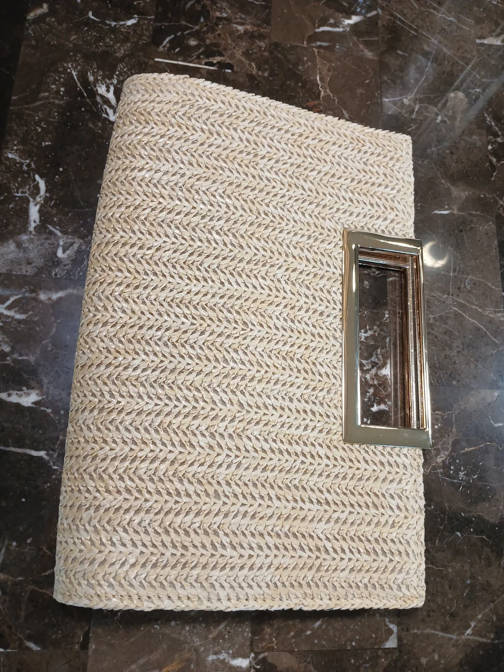 Straw Rectangle Top-Handle Clutch Bag With Gold Accents